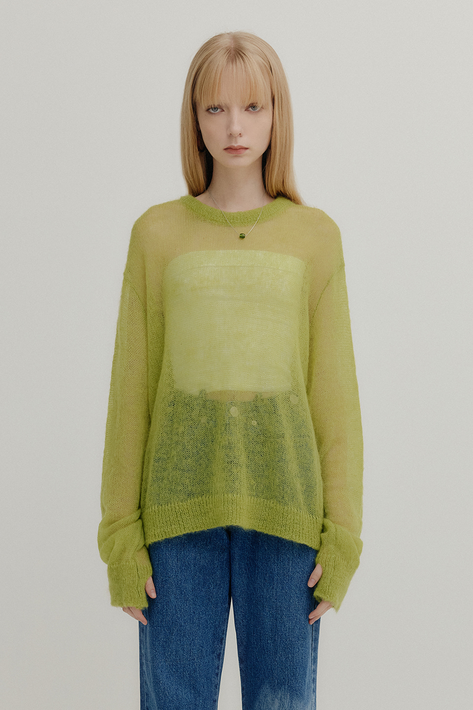 KID MOHAIR LOOSE ROUND KNIT TOP - YELLOW GREEN