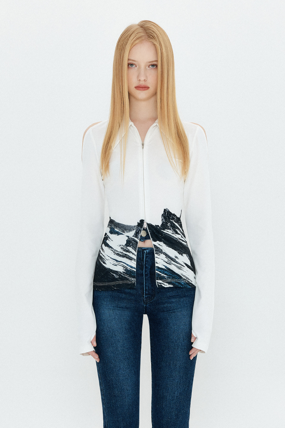 PRINTED COZY CUT OUT TWO WAY SLIM ZIP-UP SHIRT - SNOW MOUNTAIN