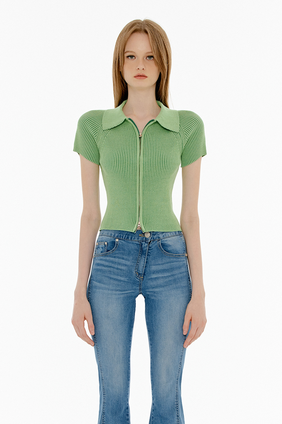 TWO TONE HALF SLEEVE TWO WAY ZIP-UP KNIT TOP - LIGHT GREEN