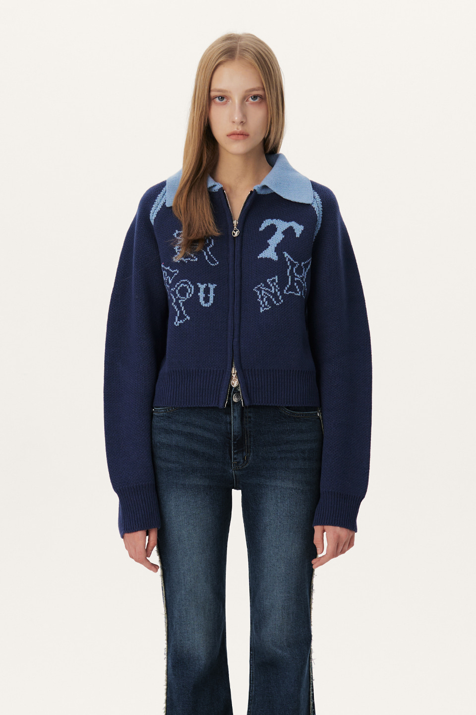 WOOL BLENDED JACQUARD ZIP-UP KNIT - BLUE