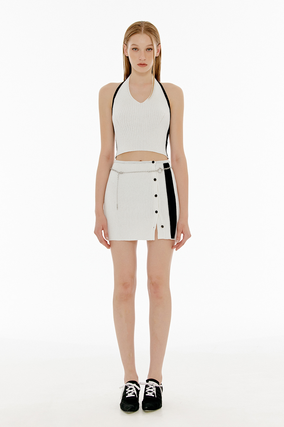 COLOR BLOCK BUTTON KNIT SKIRT - IVORY
