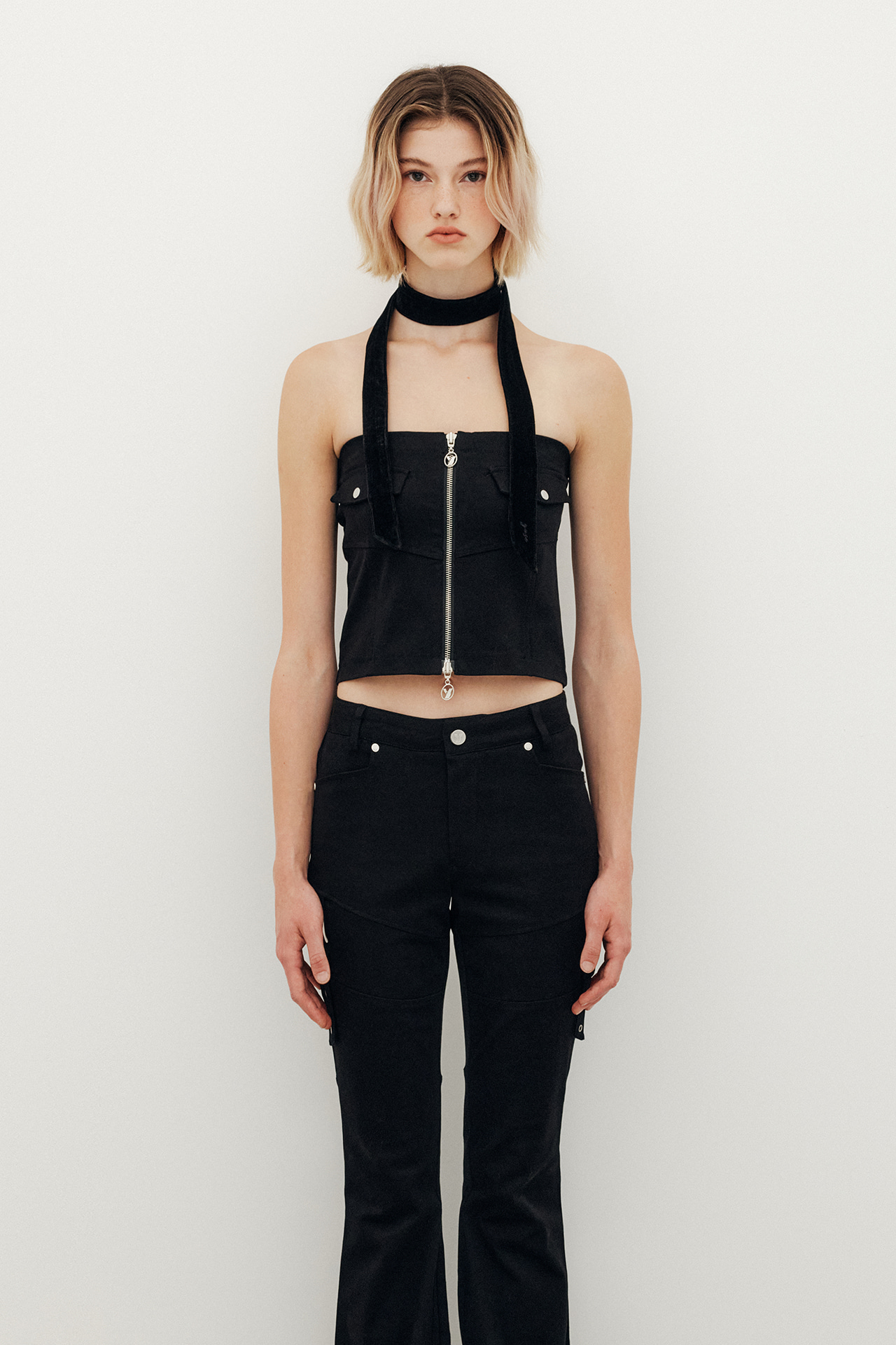 BELTED POINT ZIP-UP TUBE TOP - BLACK