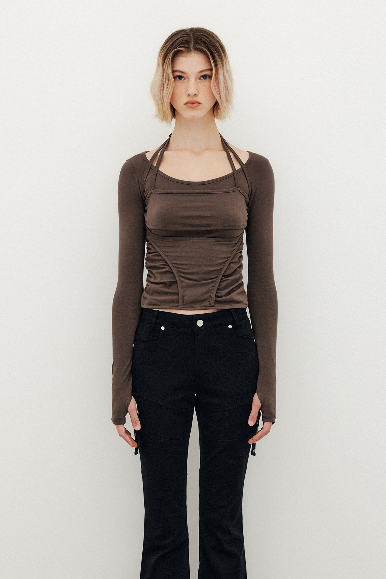 BUSTIER LAYERED LONG SLEEVE TOP - BROWN