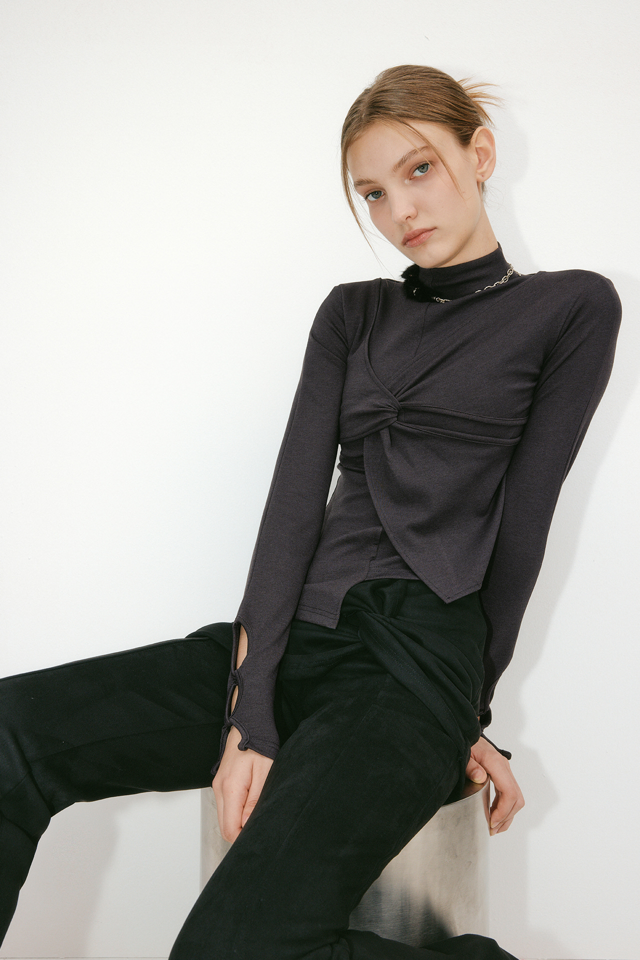 TWIST DETAIL LAYERED TOP - CHARCOAL