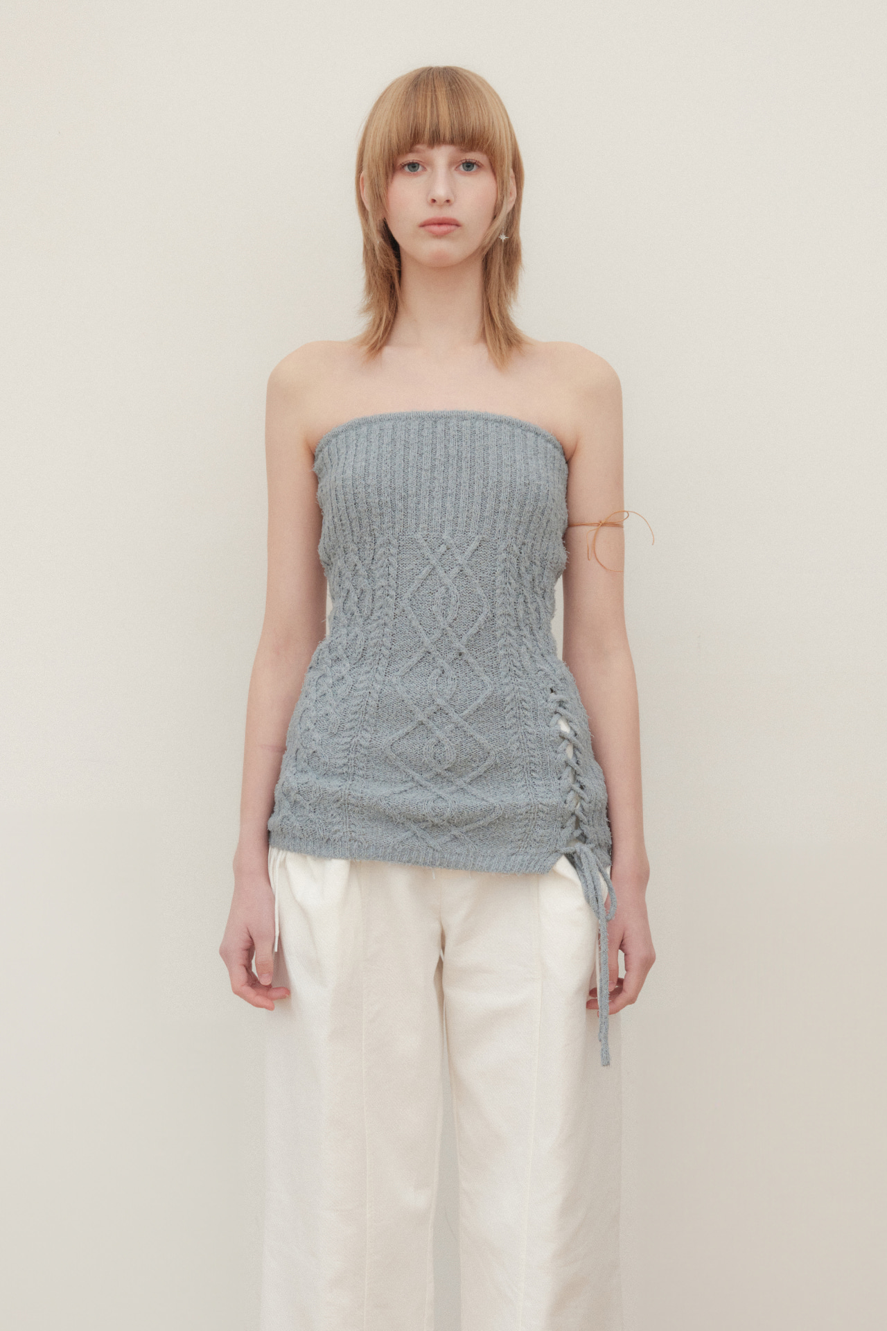 LACE UP BOUCLE KNIT TUBE TOP - SKY BLUE
