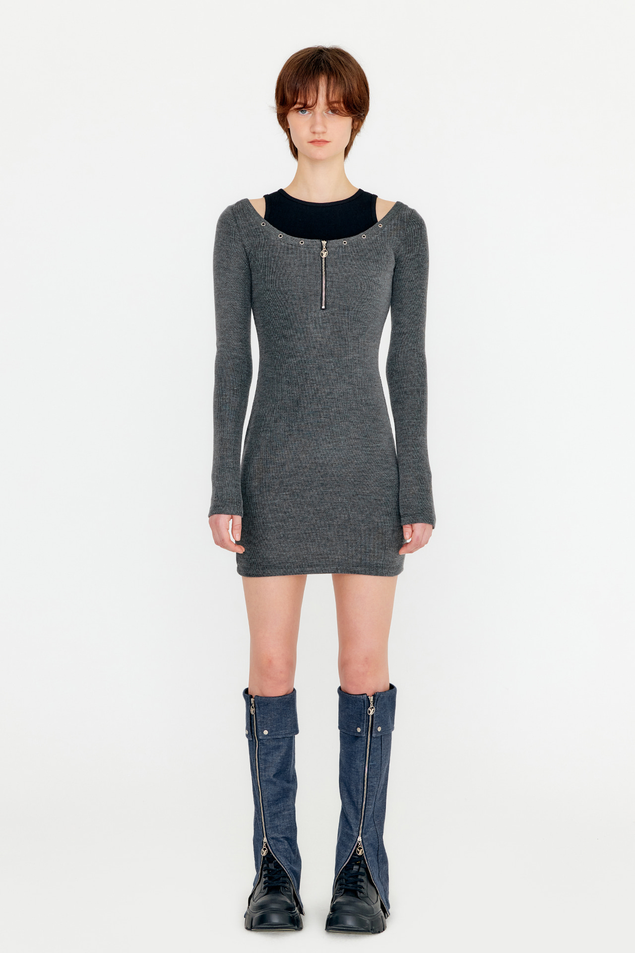CUT OUT LAYERED EYELET DRESS TOP - CHARCOAL