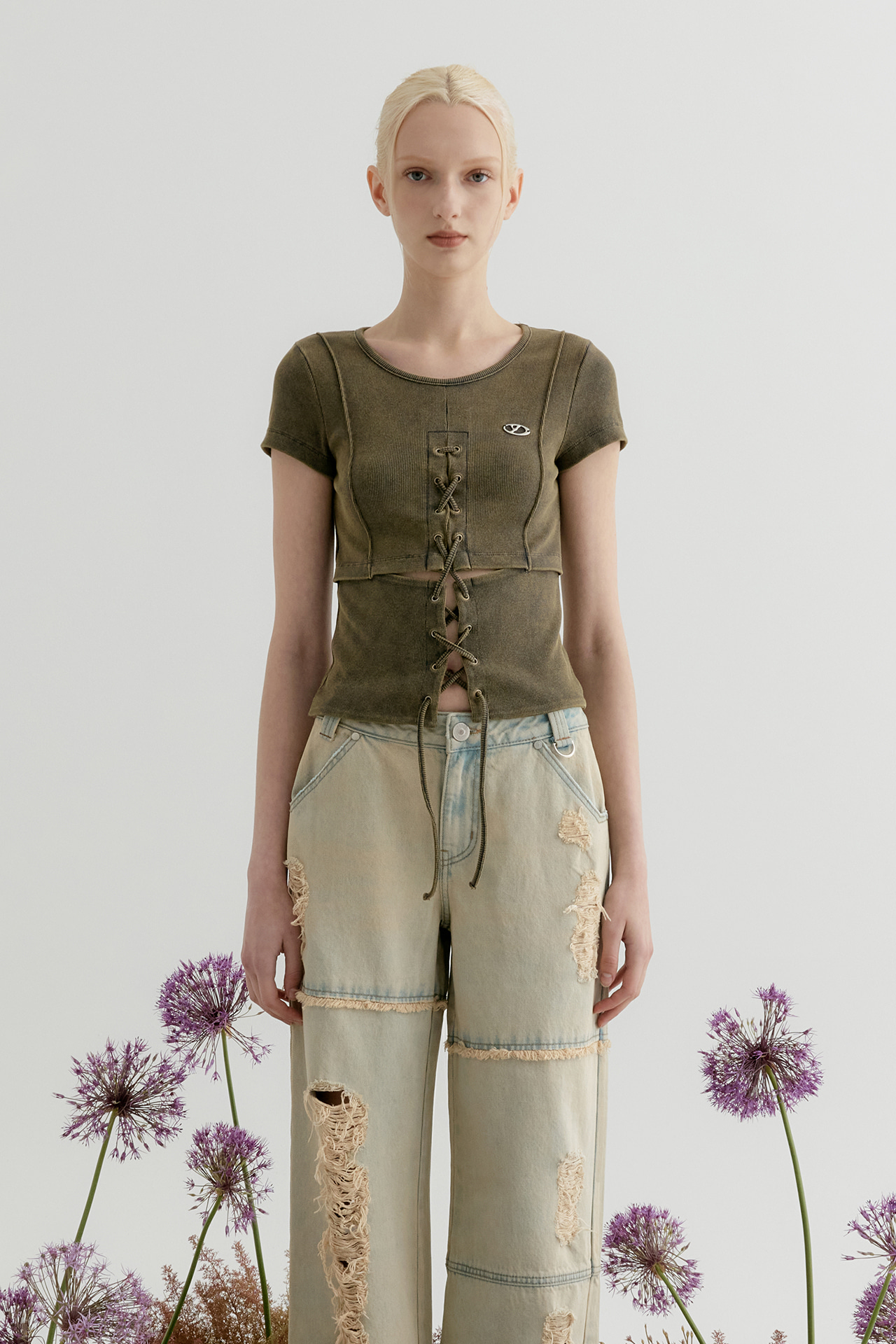 CUT OUT LACE-UP WASHING HALF SLEEVE TOP - KHAKI