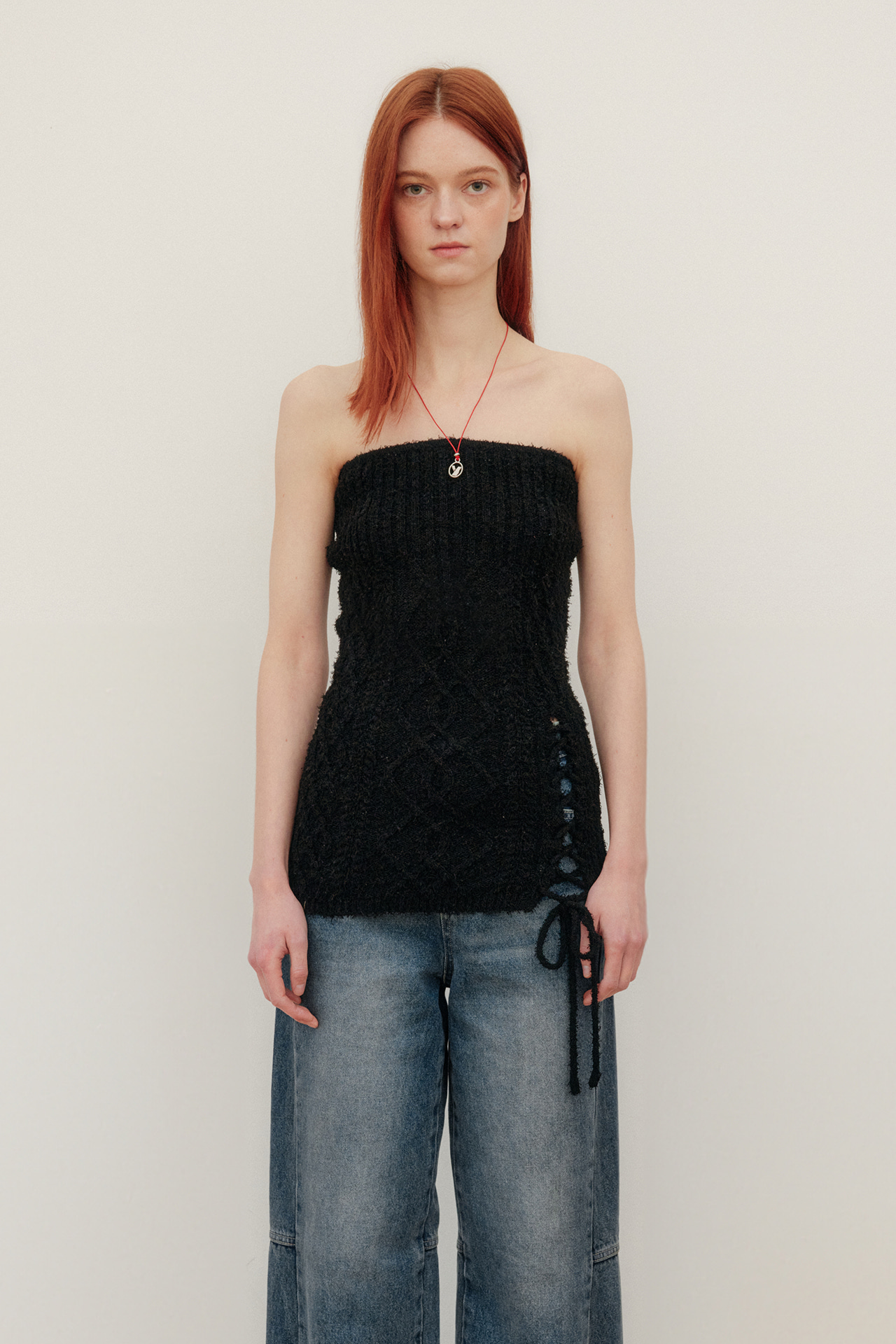 LACE UP BOUCLE KNIT TUBE TOP - BLACK